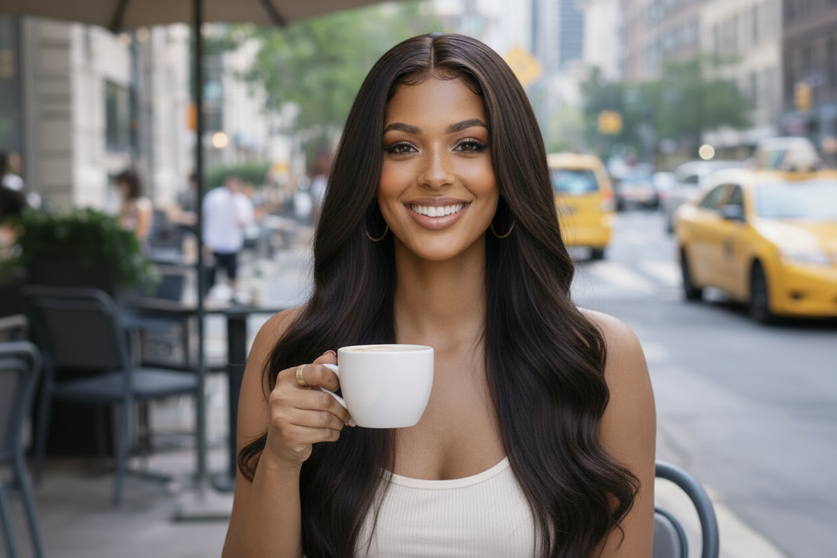 Woman holding a white mug outdoors in an urban setting