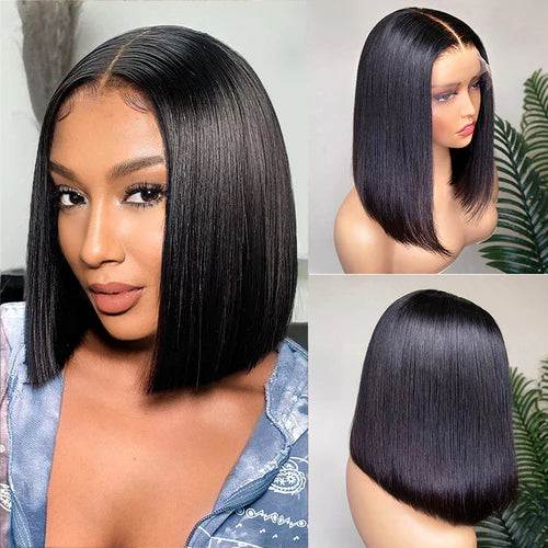 Side view of black human hair wig showing natural hairline with soft texture and natural finish