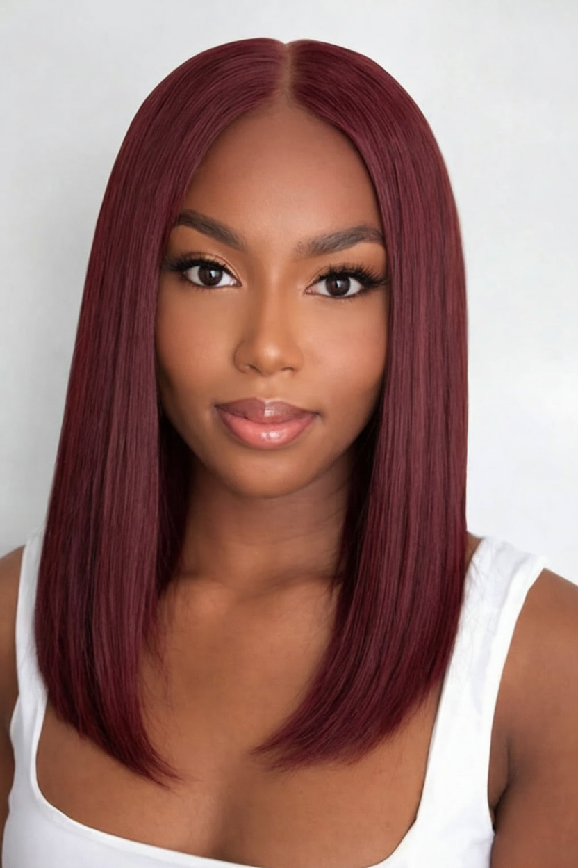 Woman with burgundy hair wearing a white tank top against a plain background