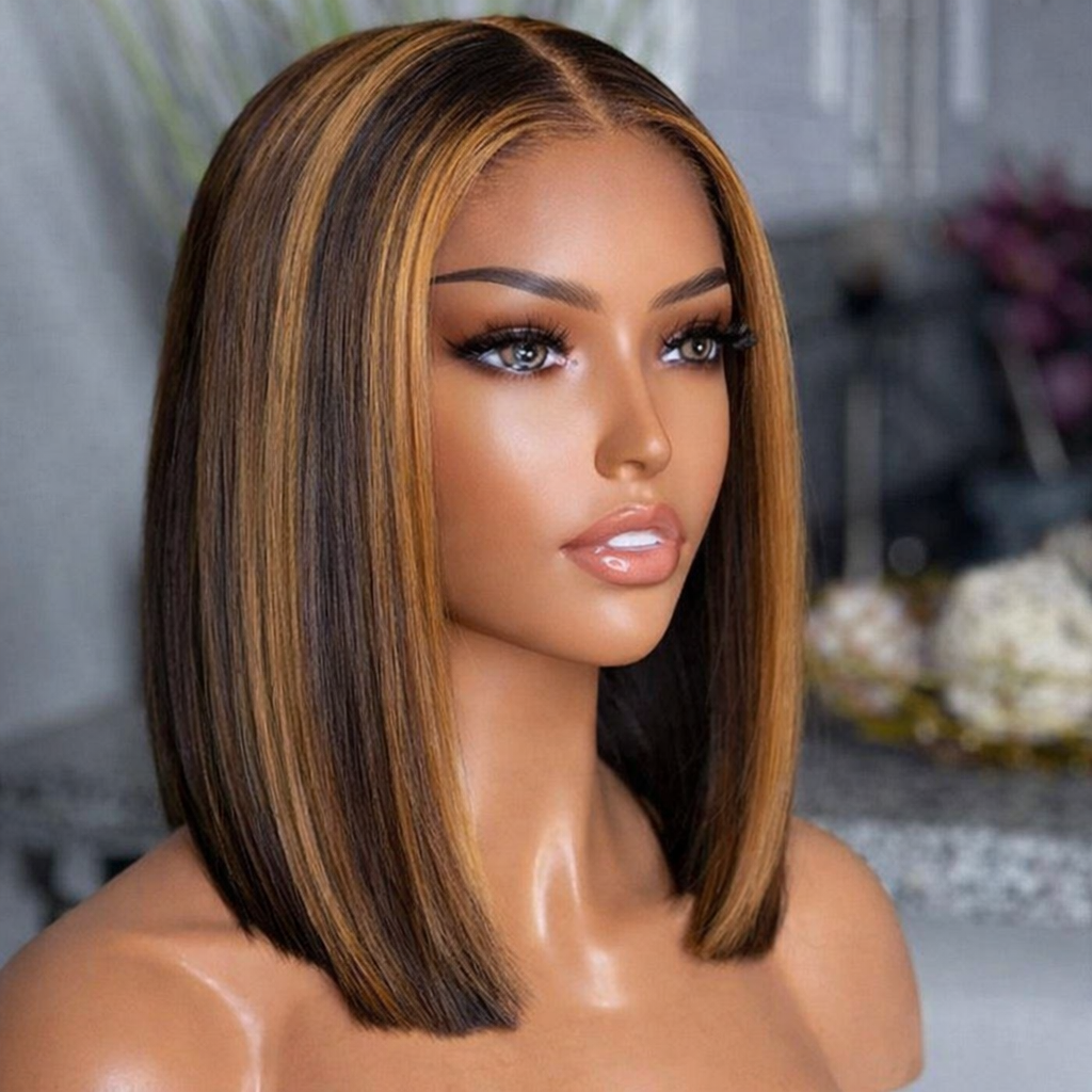 Side view of honey blonde human hair wig showing natural hairline with soft texture and natural finish