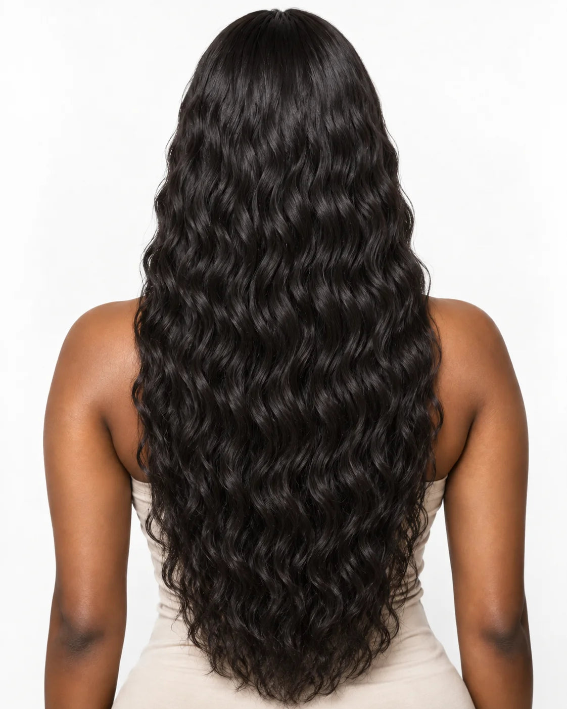 Lifestyle view of model wearing water wave human hair wig with soft texture and natural finish