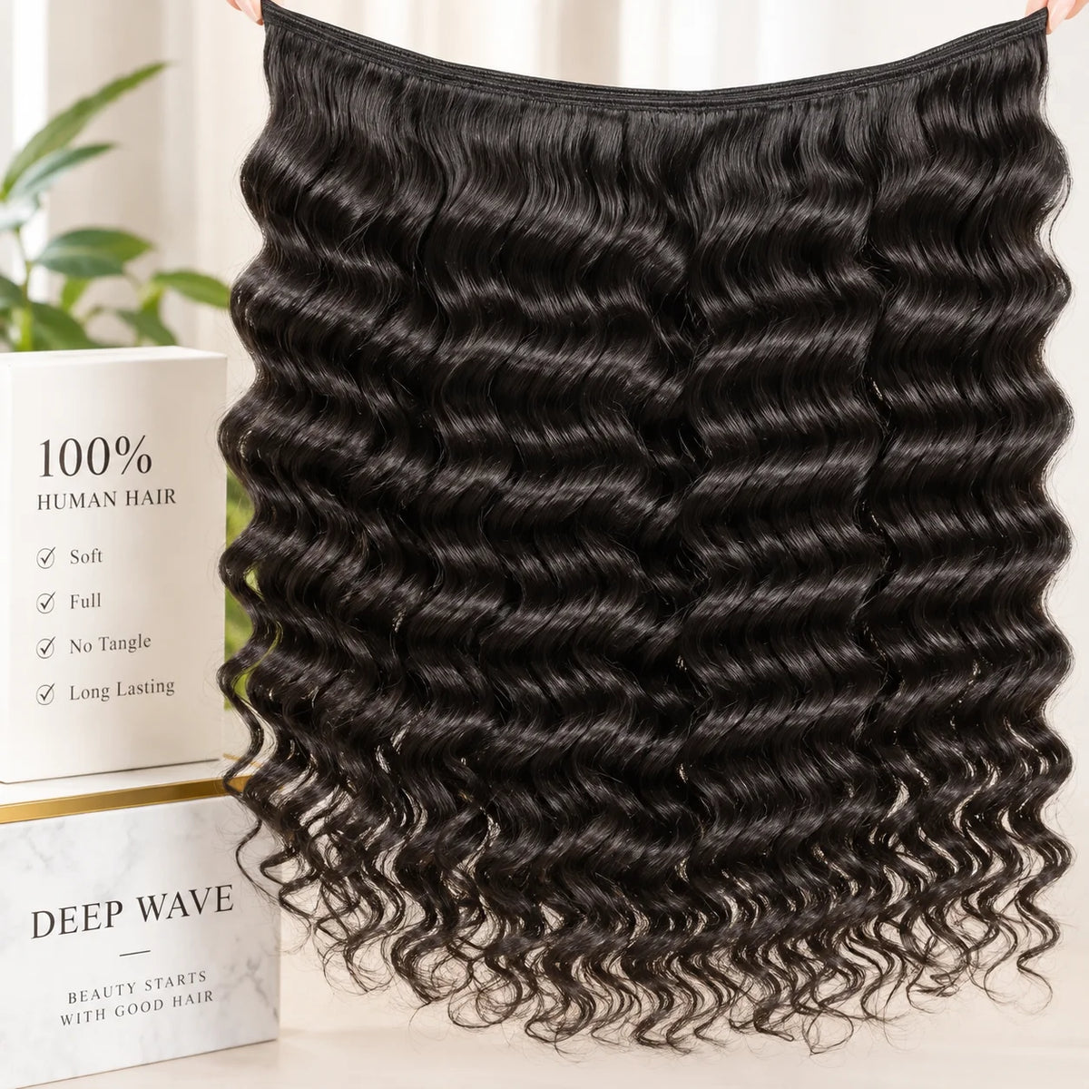 Back view of deep wave human hair wig with natural volume and full texture