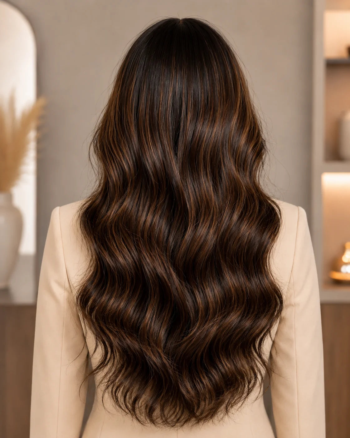 Detail view of lace front and natural hairline with soft texture and natural finish