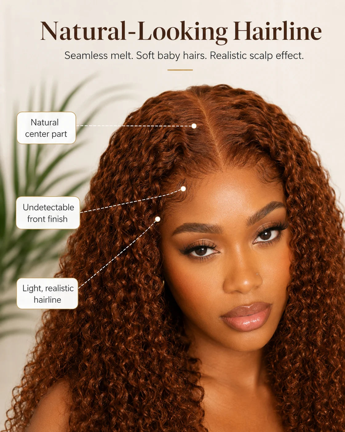 Close-up view of brown kinky curly human hair wig texture and lace detail