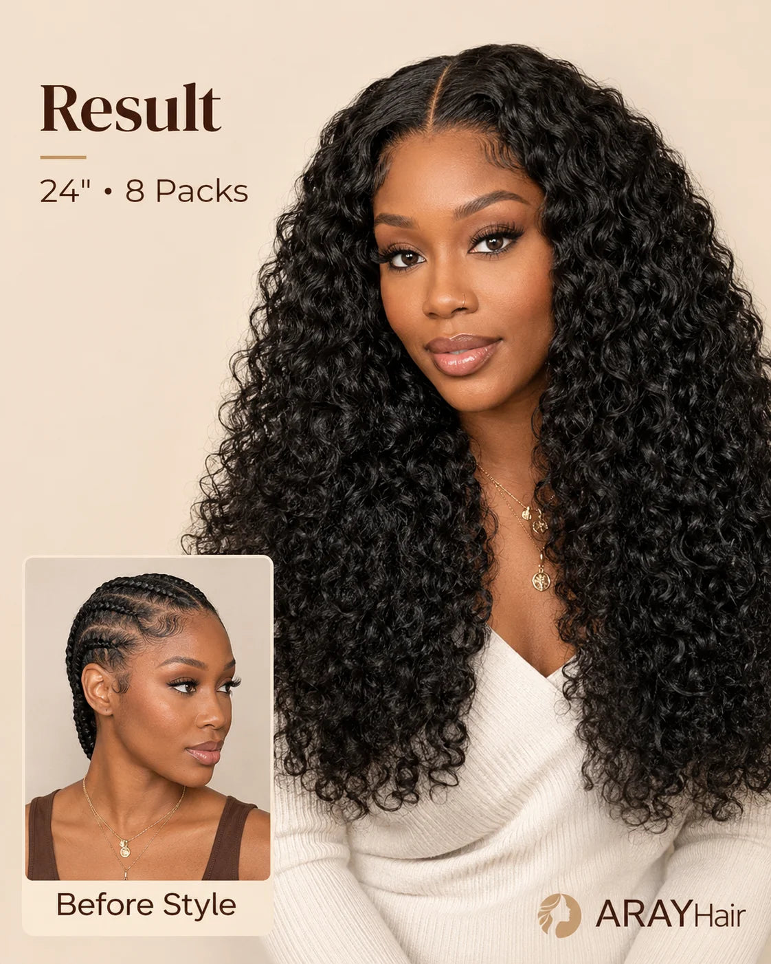A woman modeling a long, dark curly wig against a warm beige background, with text reading 'Result 24" • 8 Packs' and a small inset labeled 'Before Style.' The ARAYHair logo appears in the lower right.
