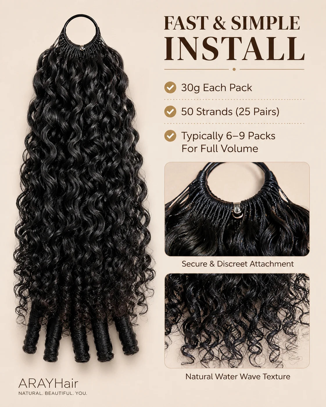 ARAYHair black curly hair weft bundle pack with text detailing 'FAST & SIMPLE INSTALL' and two inset photos showing secure attachment and natural water wave texture.