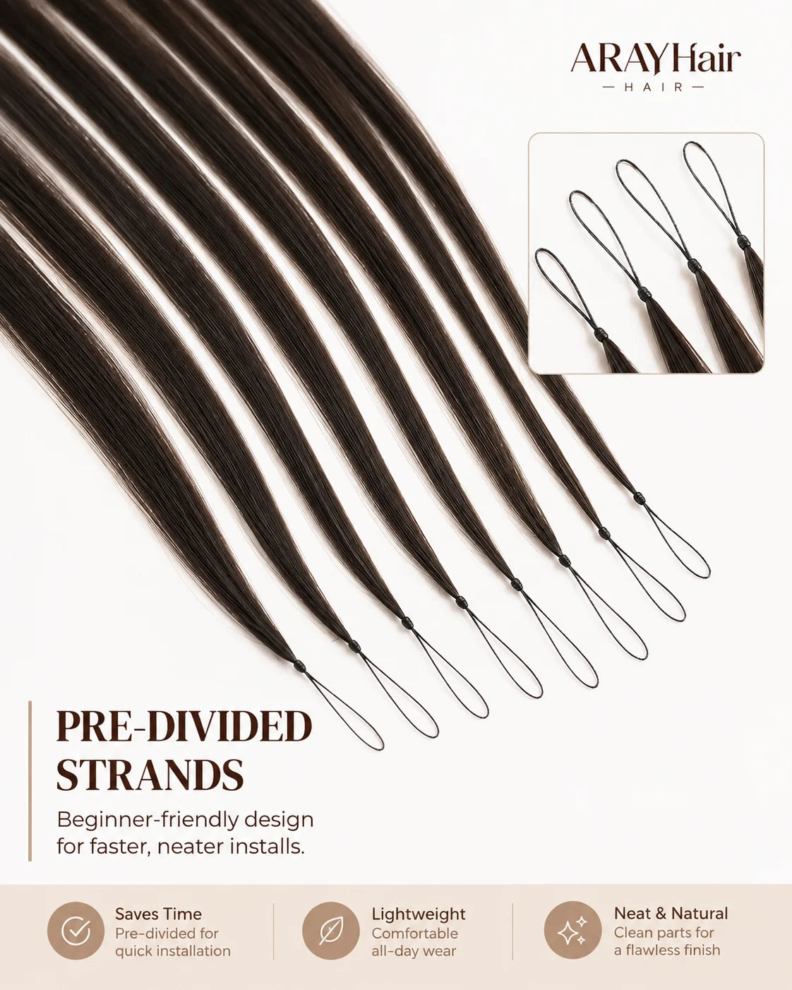 ARAY Hair pre-divided strands hair extensions shown in a fan arrangement on a light beige background, with product text, an inset showing the ends with loops, and feature icons at the bottom.