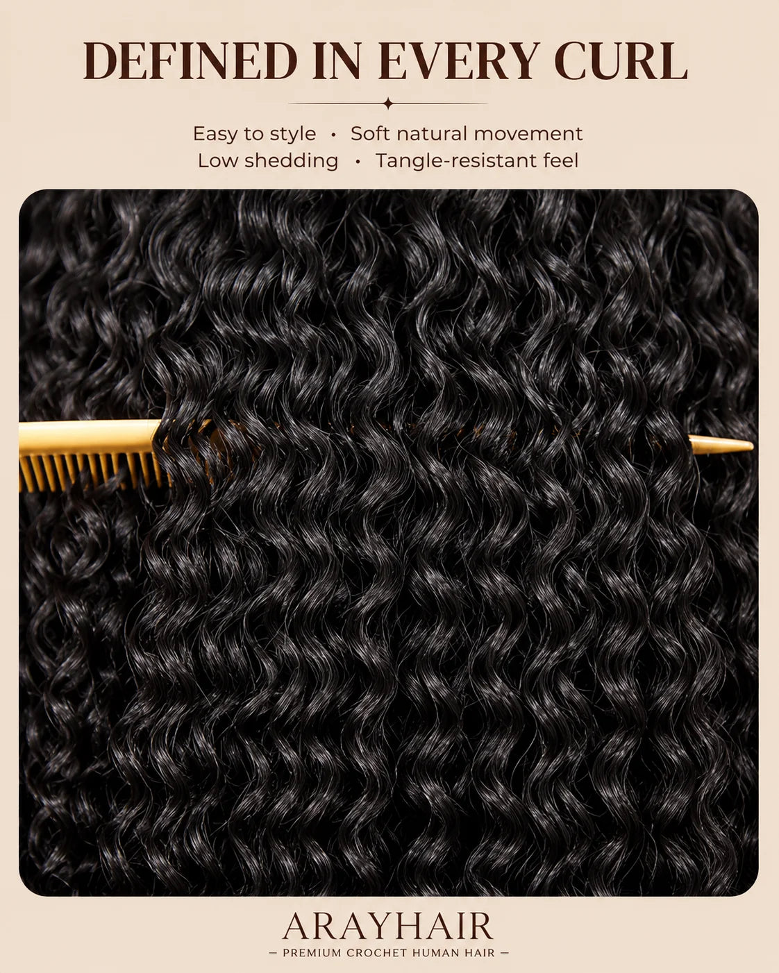 Promotional graphic for Arayhair defined curly human hair, showing a close-up of glossy black curly hair with a gold comb and marketing text on a beige background.