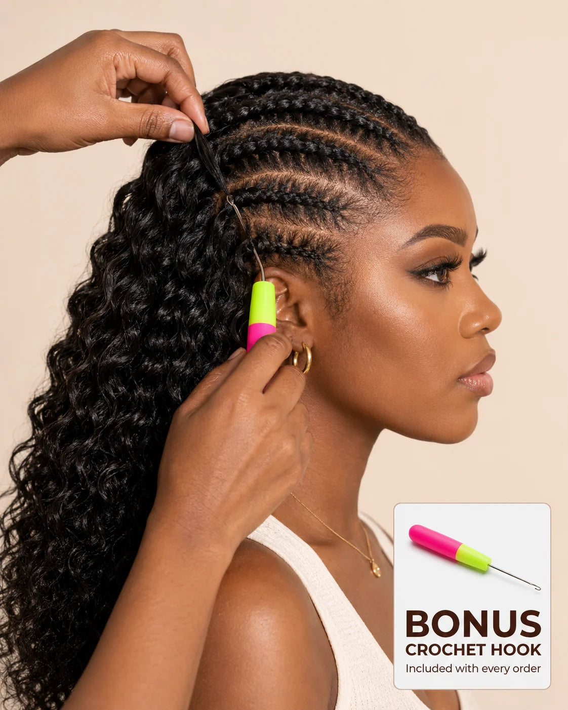 A woman with long, dark, curly hair is shown in profile while a hand applies a crochet hook to her hair. The image includes a text overlay that reads 'BONUS CROCHET HOOK Included with every order' and shows a small inset of the crochet hook.