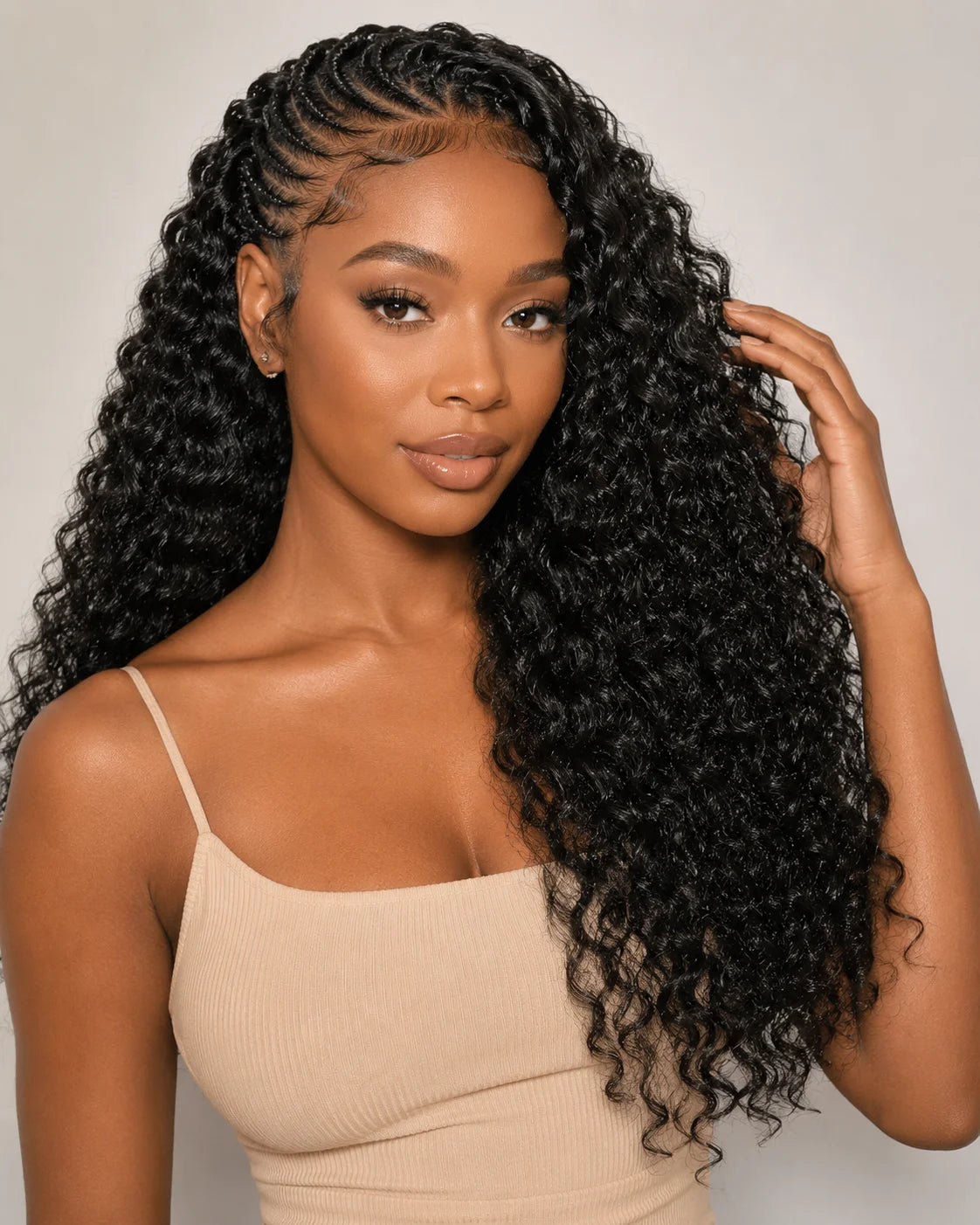 Side view of loose wave lace wig showing natural hairline with soft texture and natural finish