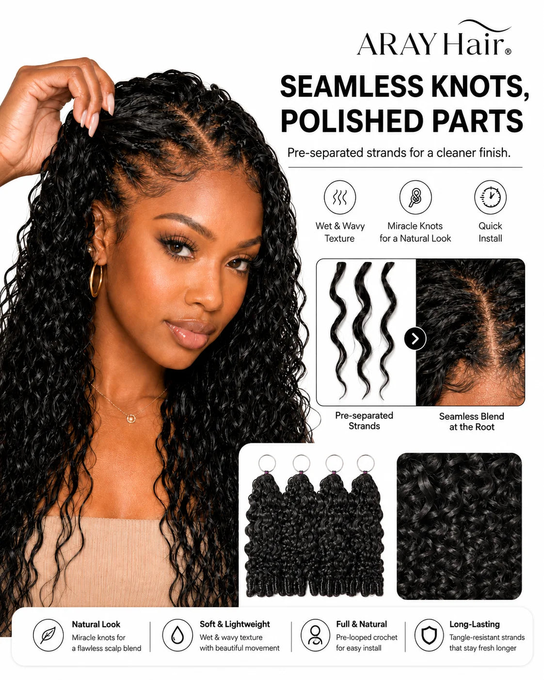 Front view of water wave human hair wig on model with soft texture and natural finish