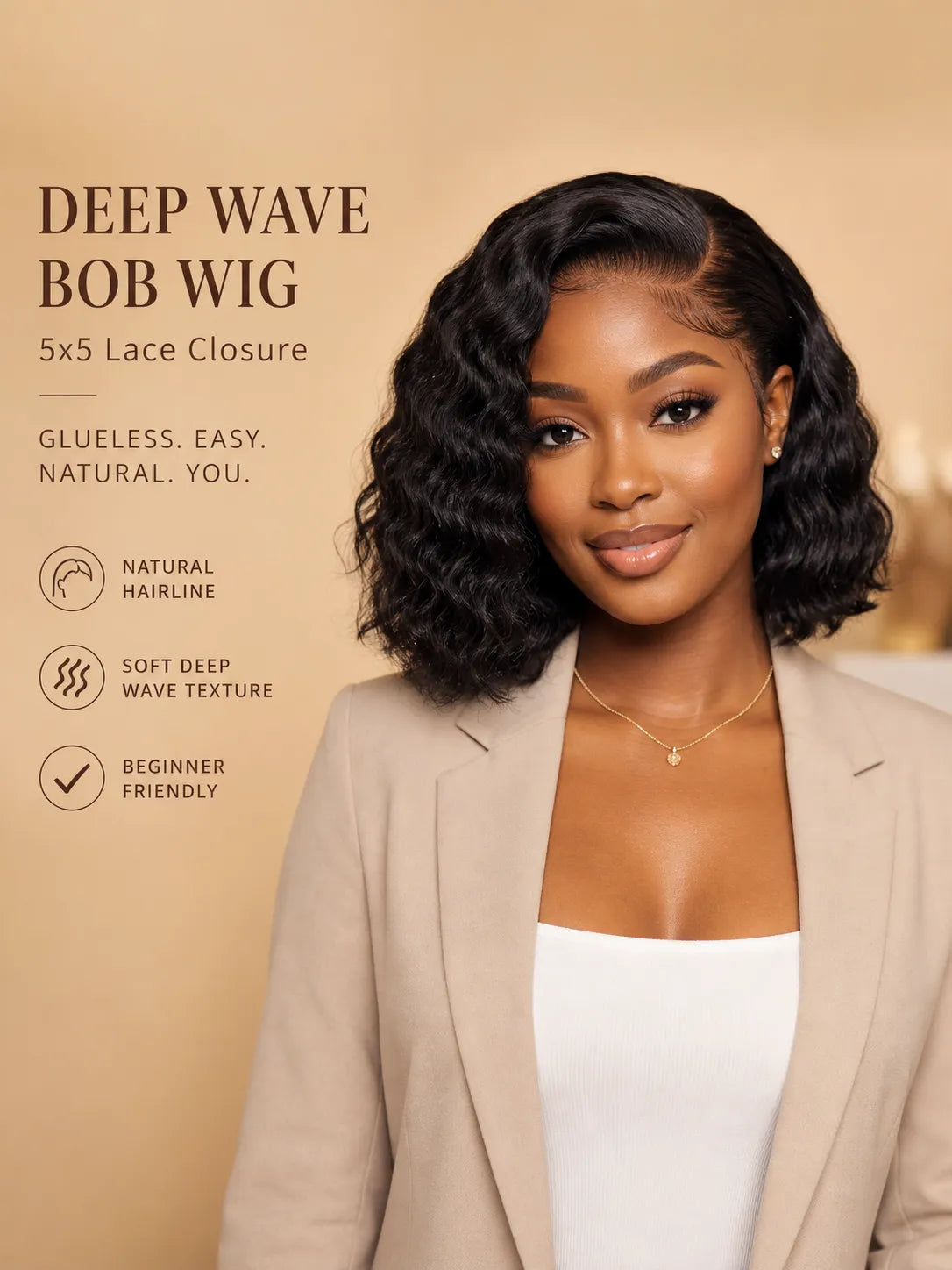 Product detail view of deep wave human hair wig with soft texture and natural finish