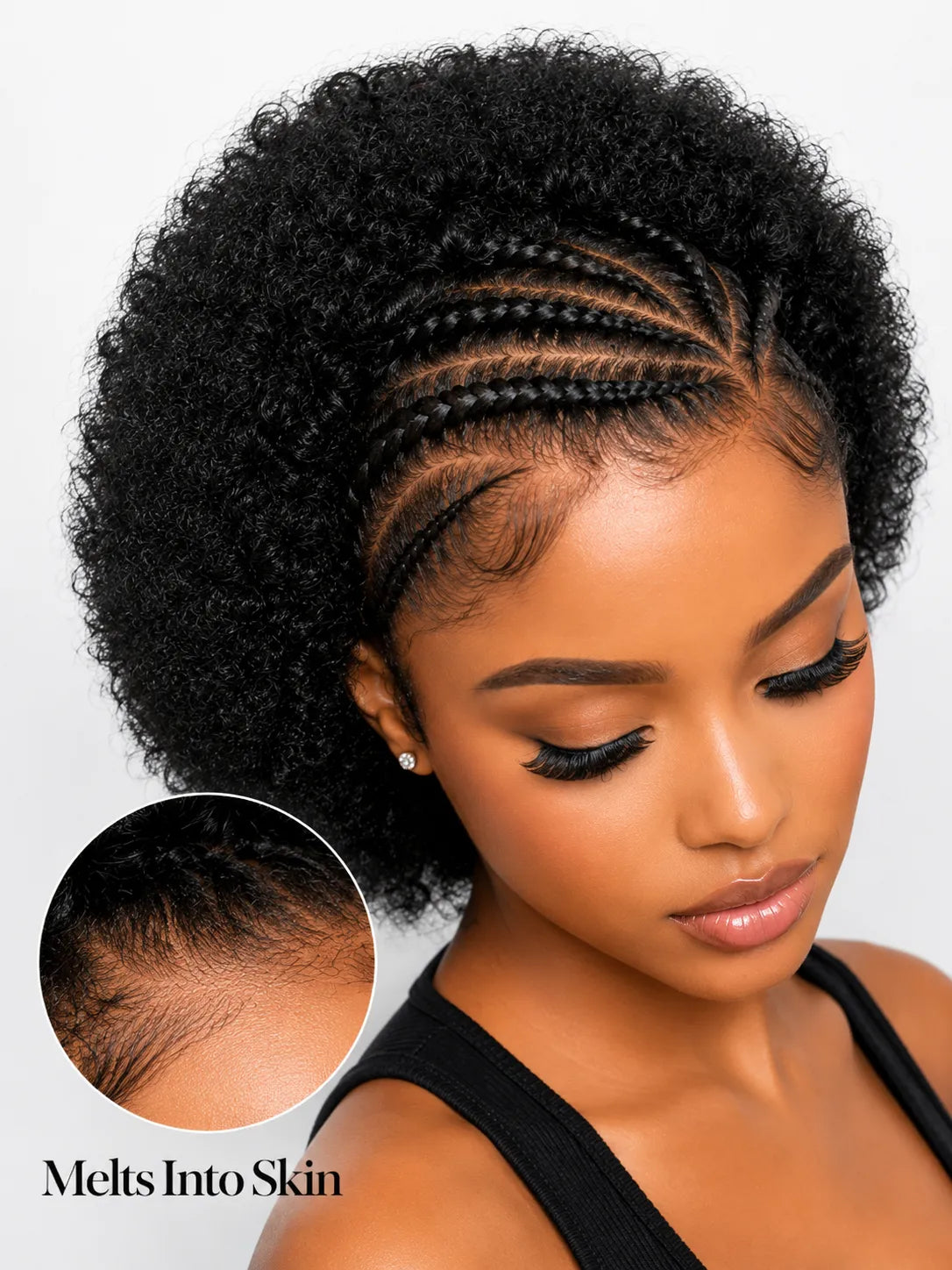 Product detail view of natural black curly human hair wig with soft texture and natural finish