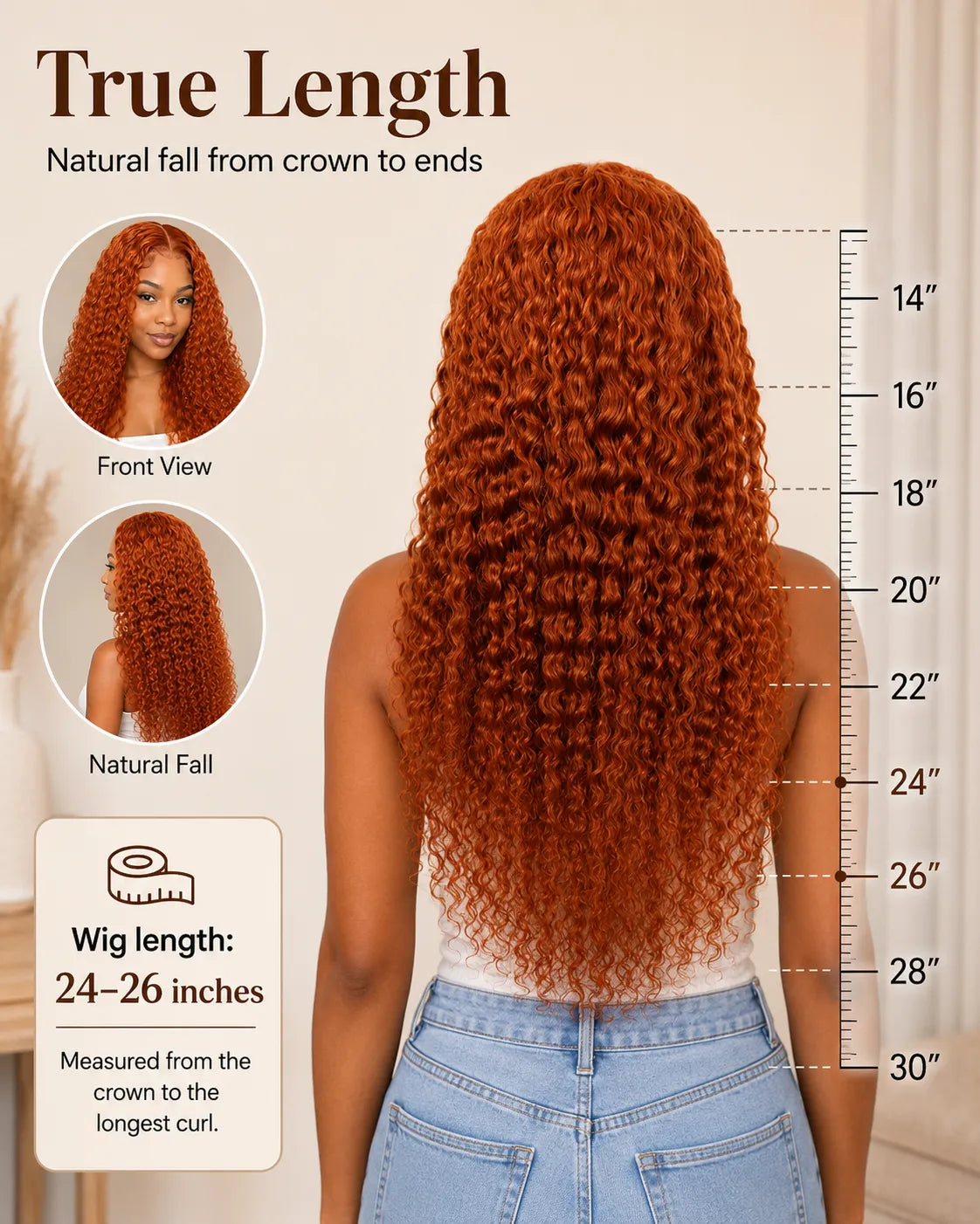 Wig with measurements showing natural fall from crown to ends, front view, and side view.
