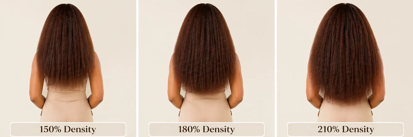 Product detail view of brown kinky straight human hair wig with soft texture and natural finish
