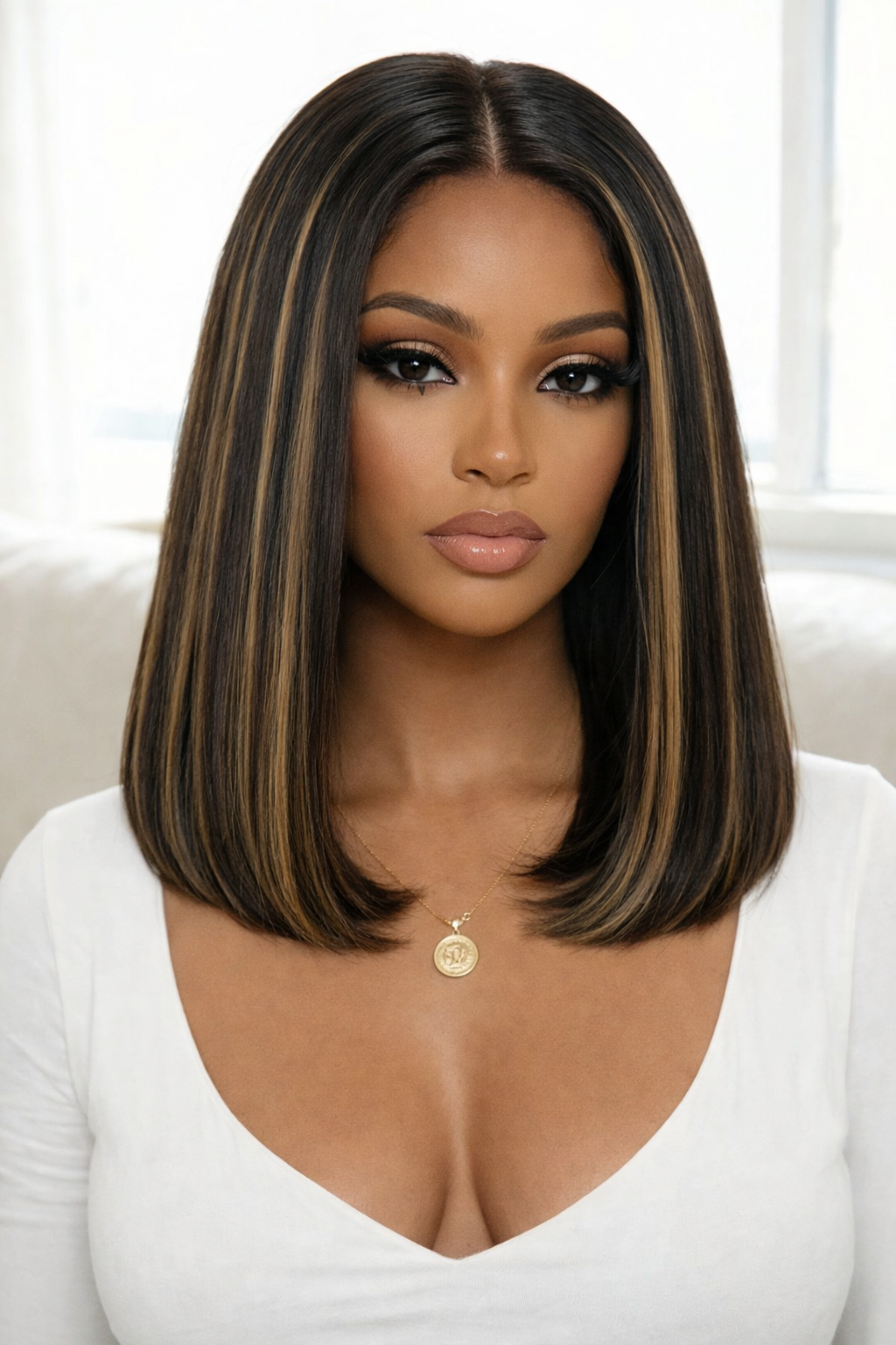 Woman with a styled haircut wearing a white top indoors.