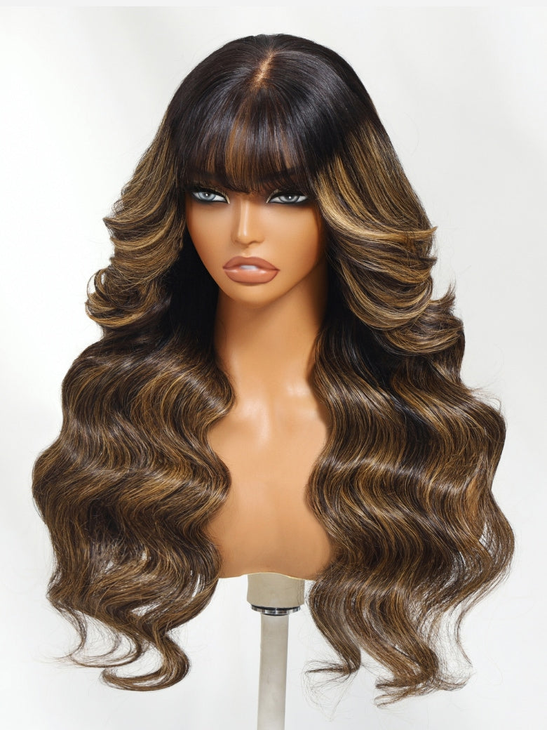 Side view of highlight body wave lace wig showing natural hairline with soft texture and natural finish