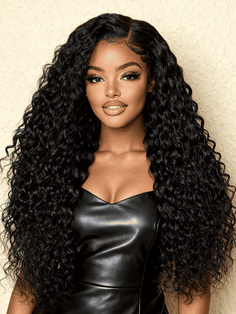 Close-up view of water wave human hair wig texture and lace detail with soft texture and natural finish