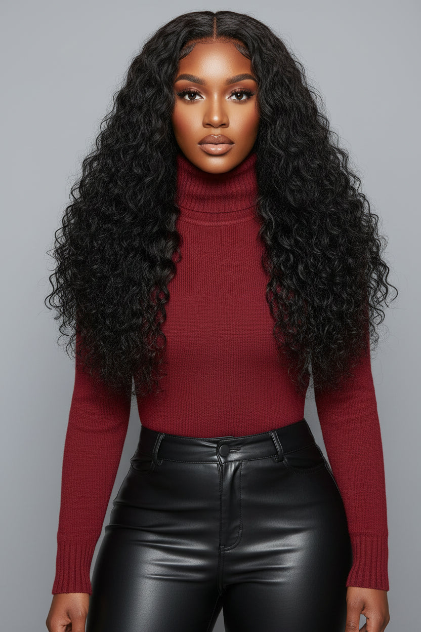 Model wearing ARAY Hair 13x4 Deep Wave Lace Wig in natural black, showing full volume and natural hairline