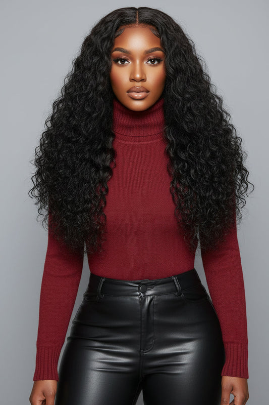 Model wearing ARAY Hair 13x4 Deep Wave Lace Wig in natural black, showing full volume and natural hairline