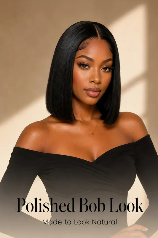 Model wearing ARAY Hair 9x6 Straight Bob Lace Wig in natural black, showing sleek polished bob with clean hairline