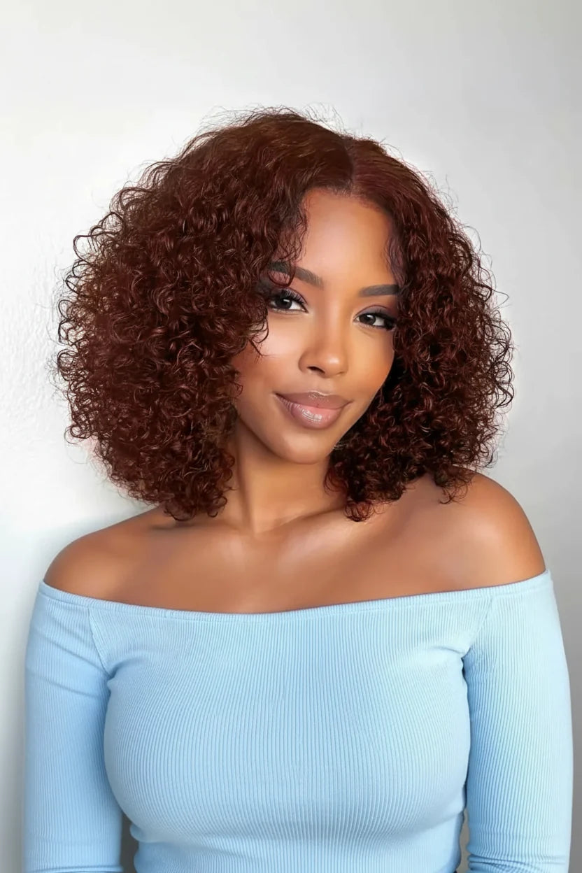 ARAY Hair reddish brown 13x4 kinky curly glueless lace wig with pre-cut HD lace and bleached knots