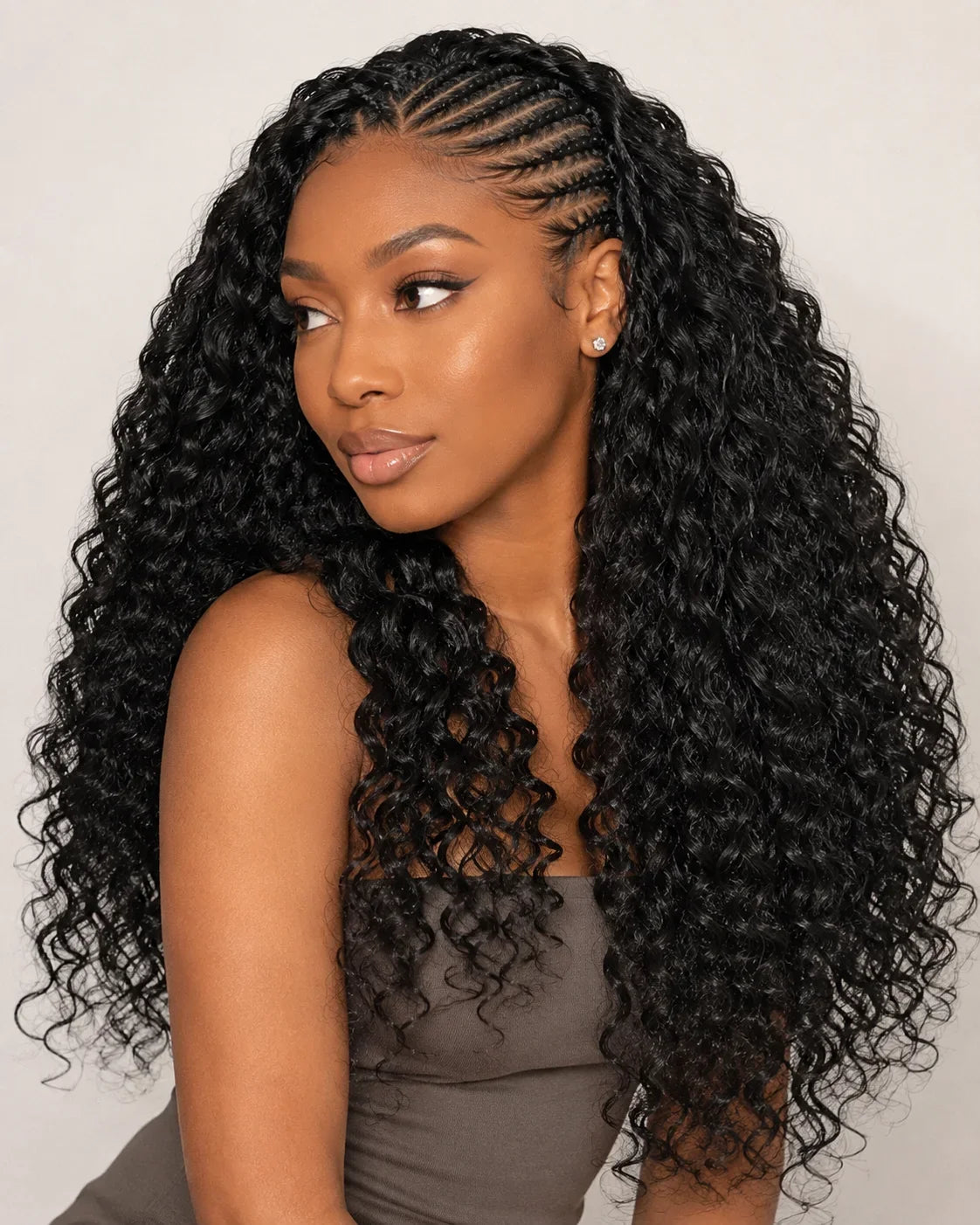 Front view of loose wave human hair wig on model with soft texture and natural finish