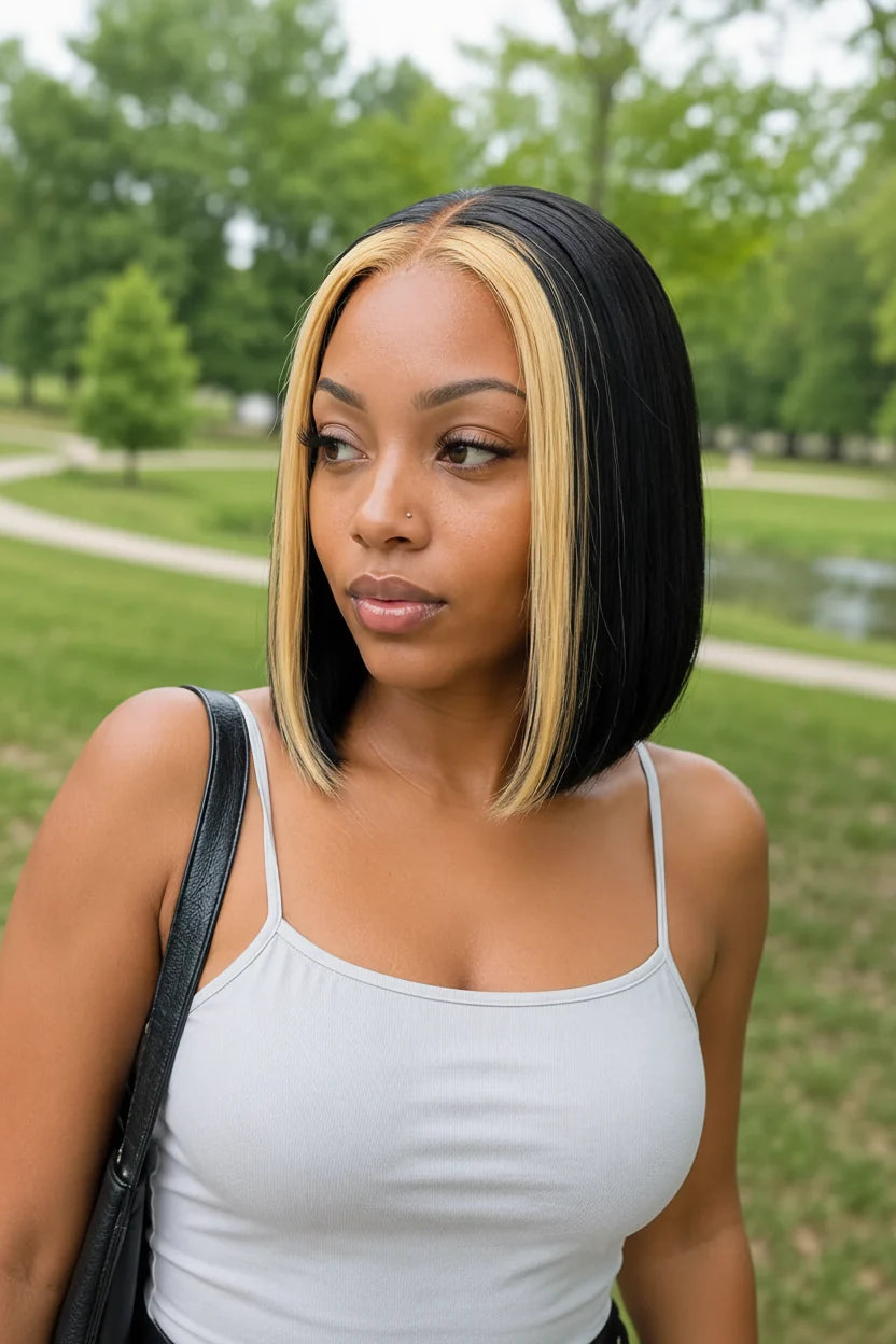 Woman with a black and blonde bob haircut standing outdoors in a park.