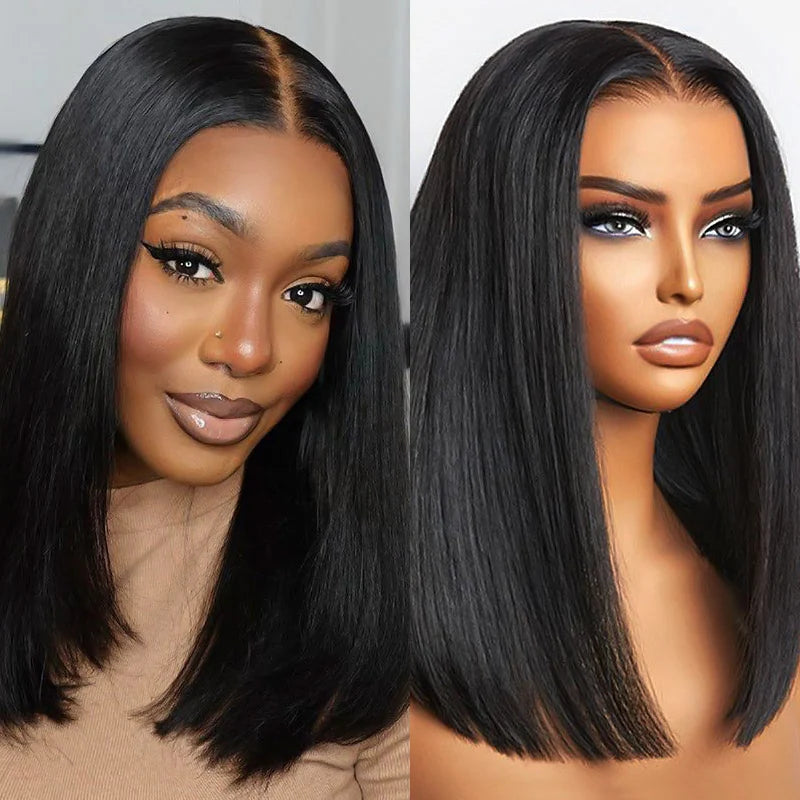 Back view of black human hair wig with natural volume with soft texture and natural finish