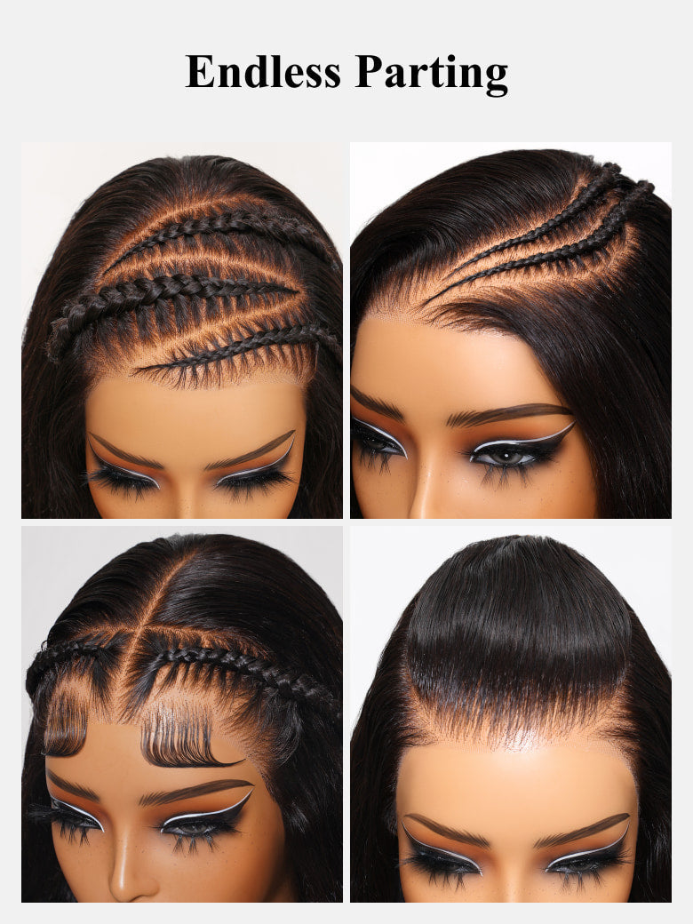 Lifestyle view of model wearing natural black body wave human hair wig