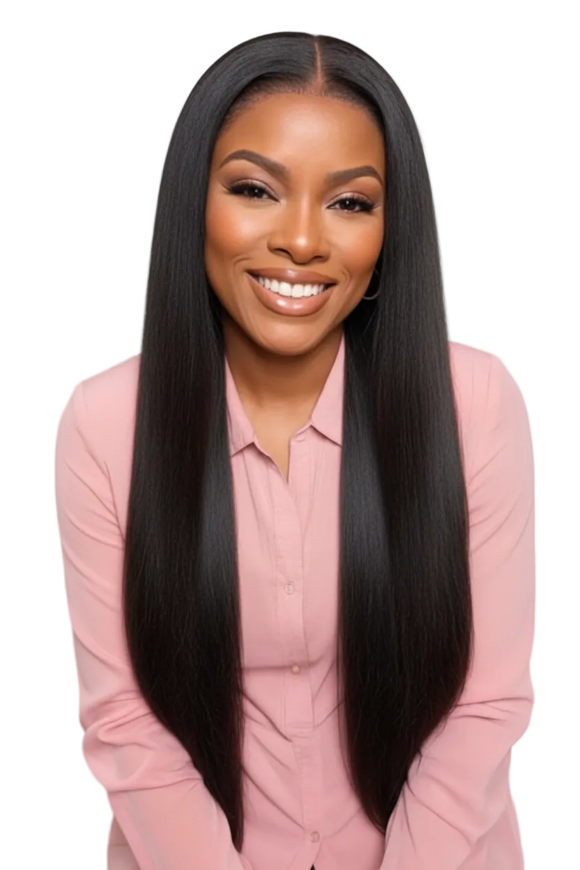 Woman with long straight black hair wearing a pink top against a light gray background