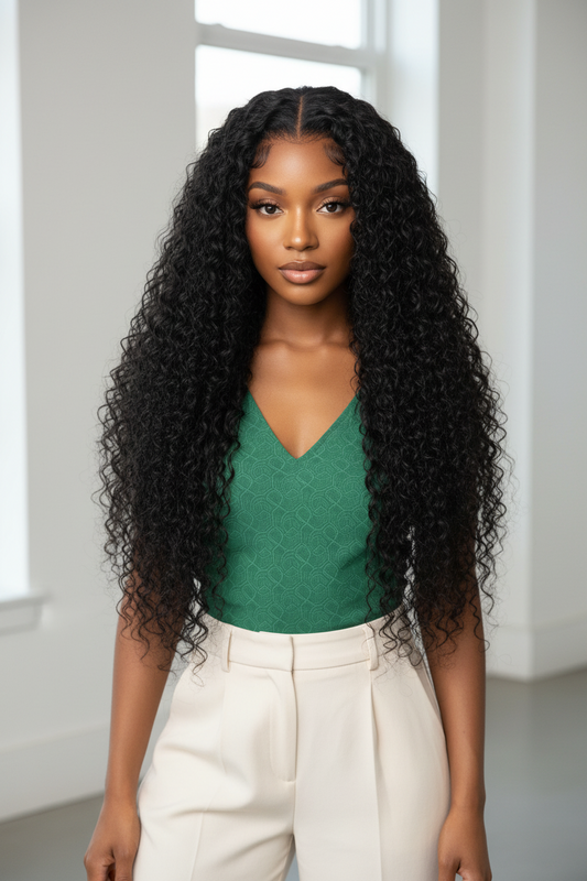 Woman with long, curly black hair sitting indoors.