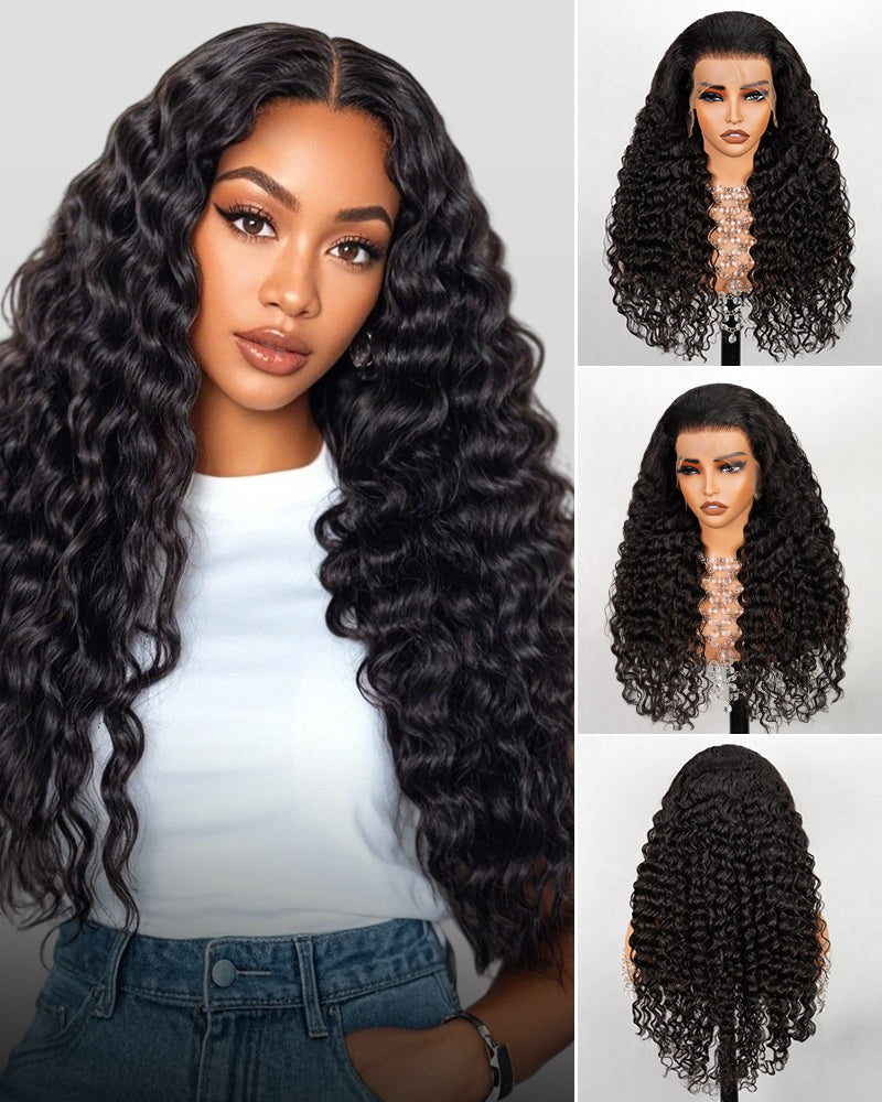 Close-up view of deep wave human hair wig texture and lace detail with soft texture and natural finish