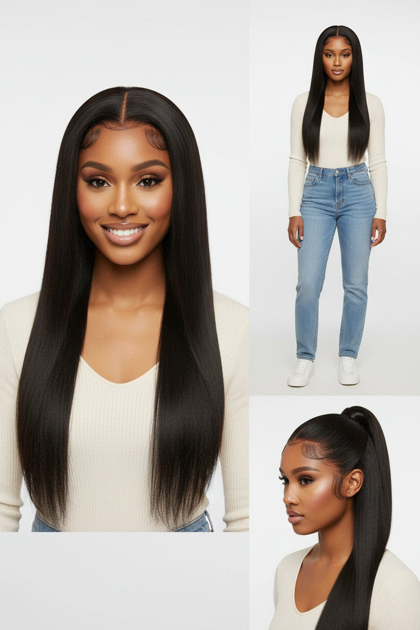 Front view of natural black yaki straight human hair wig on model with soft texture and natural finish