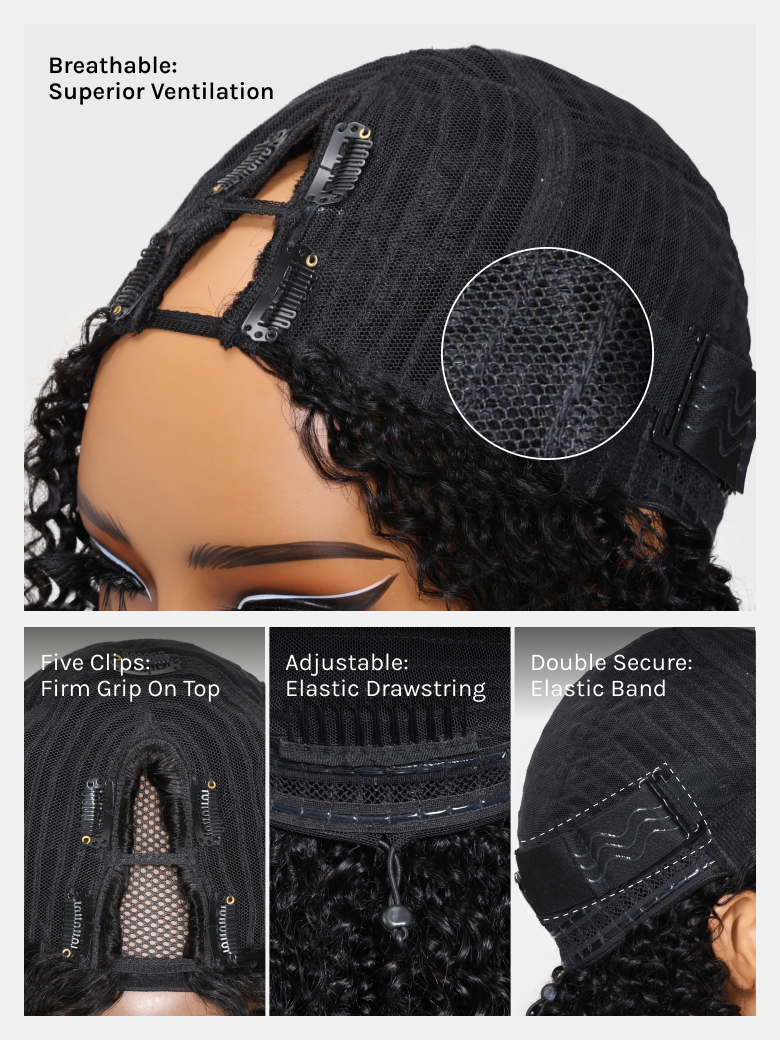 Black lace wig on a mannequin head with features highlighted.