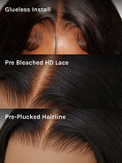 Close-up view of natural black body wave human hair wig texture and lace detail
