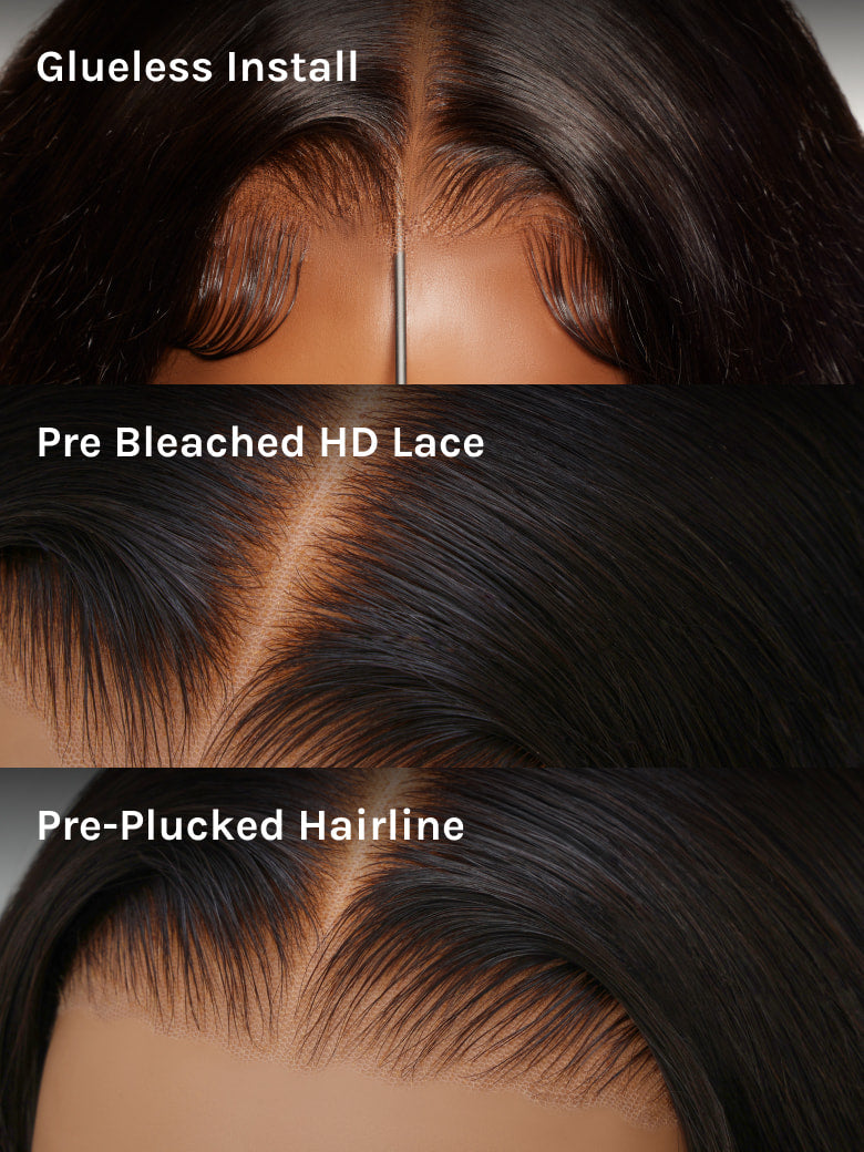 Close-up view of natural black body wave human hair wig texture and lace detail