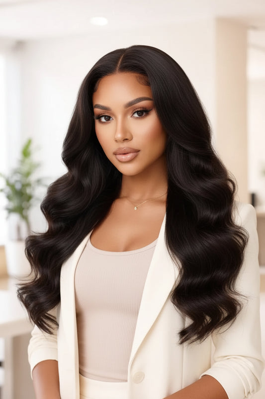 Woman with long, wavy hair wearing a white blazer and beige top indoors.