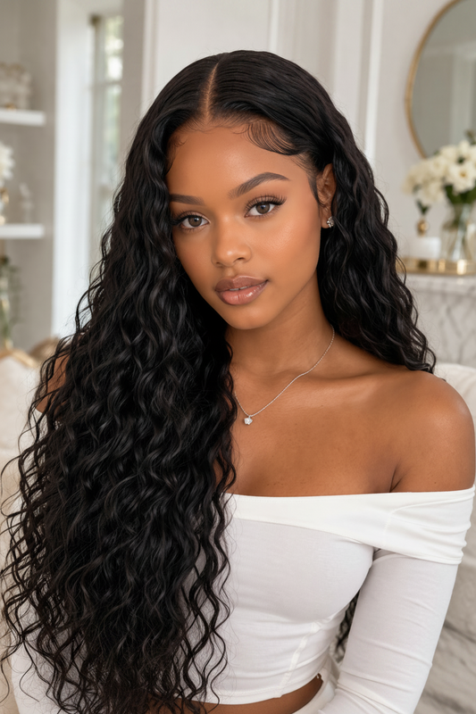 Woman with long, wavy black hair wearing a white off-shoulder top in a well-lit room.