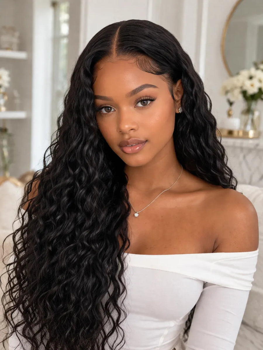 Side view of water wave lace wig showing natural hairline with soft texture and natural finish