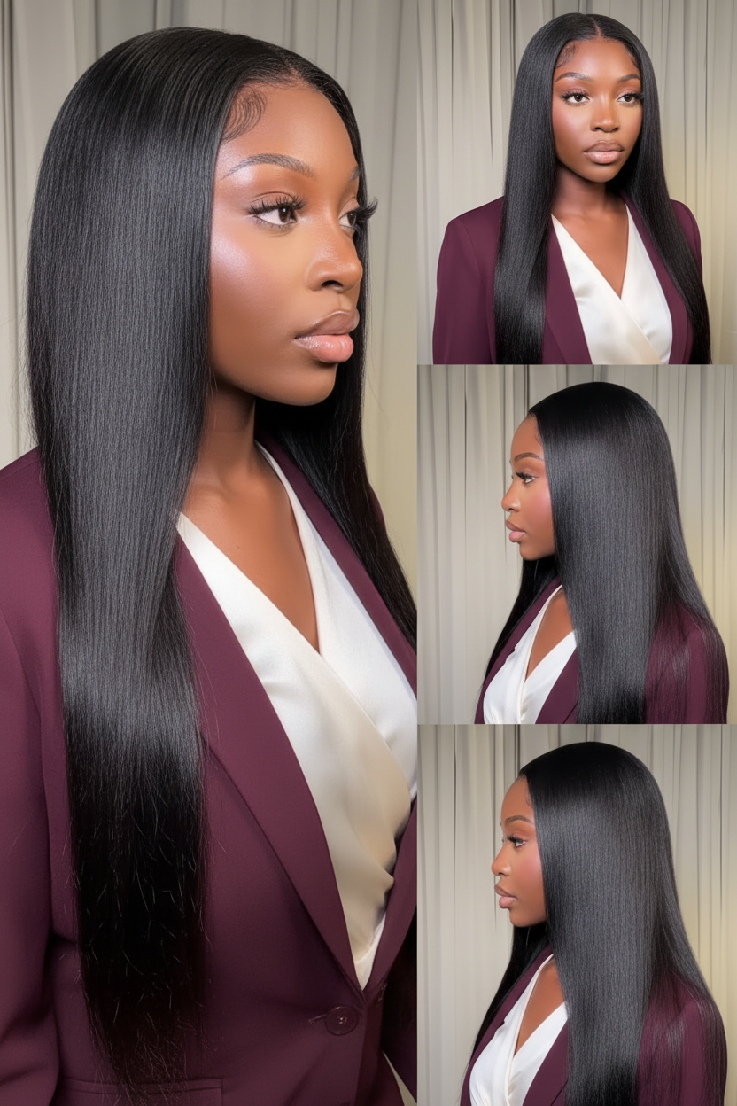 Side view of yaki straight lace wig showing natural hairline with soft texture and natural finish