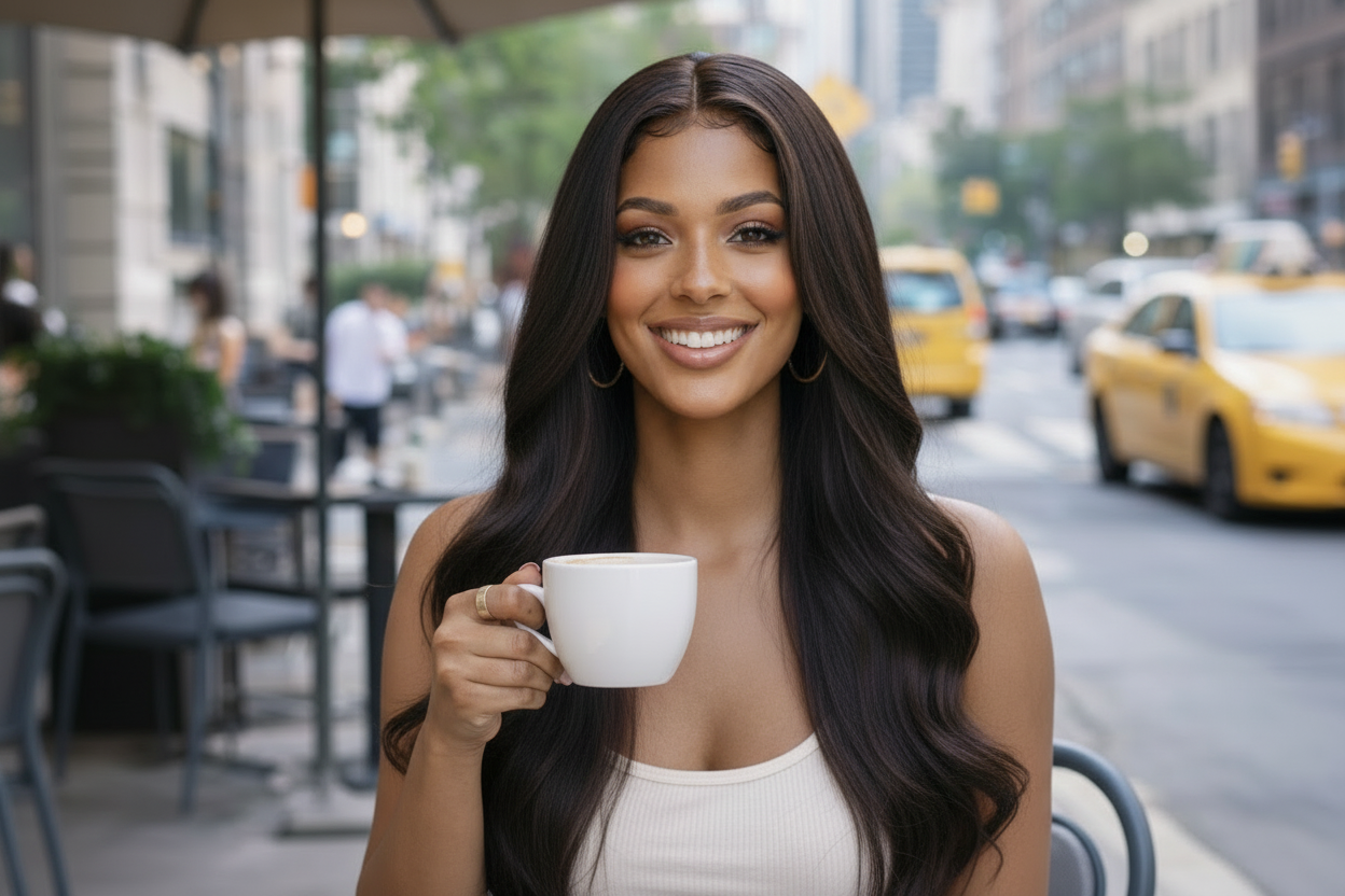 Woman holding a white mug outdoors in an urban setting