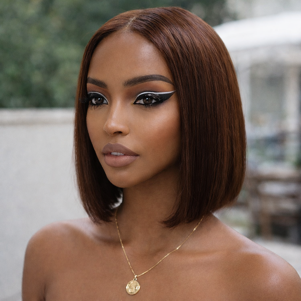 Back view of brown straight human hair wig with natural volume with soft texture and natural finish