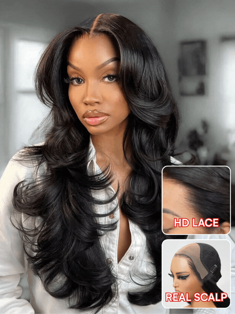 Close-up view of natural black body wave human hair wig texture and lace detail