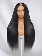 Lifestyle view of model wearing yaki straight glueless human hair wig with soft texture and natural finish