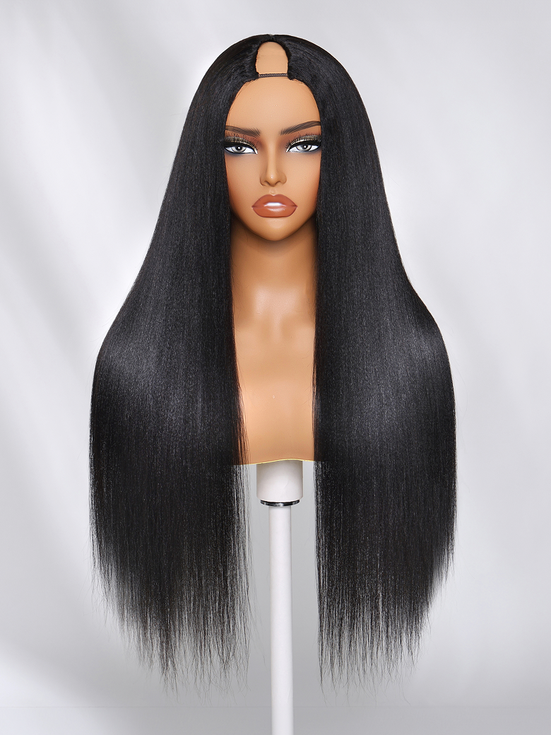 Lifestyle view of model wearing yaki straight glueless human hair wig with soft texture and natural finish