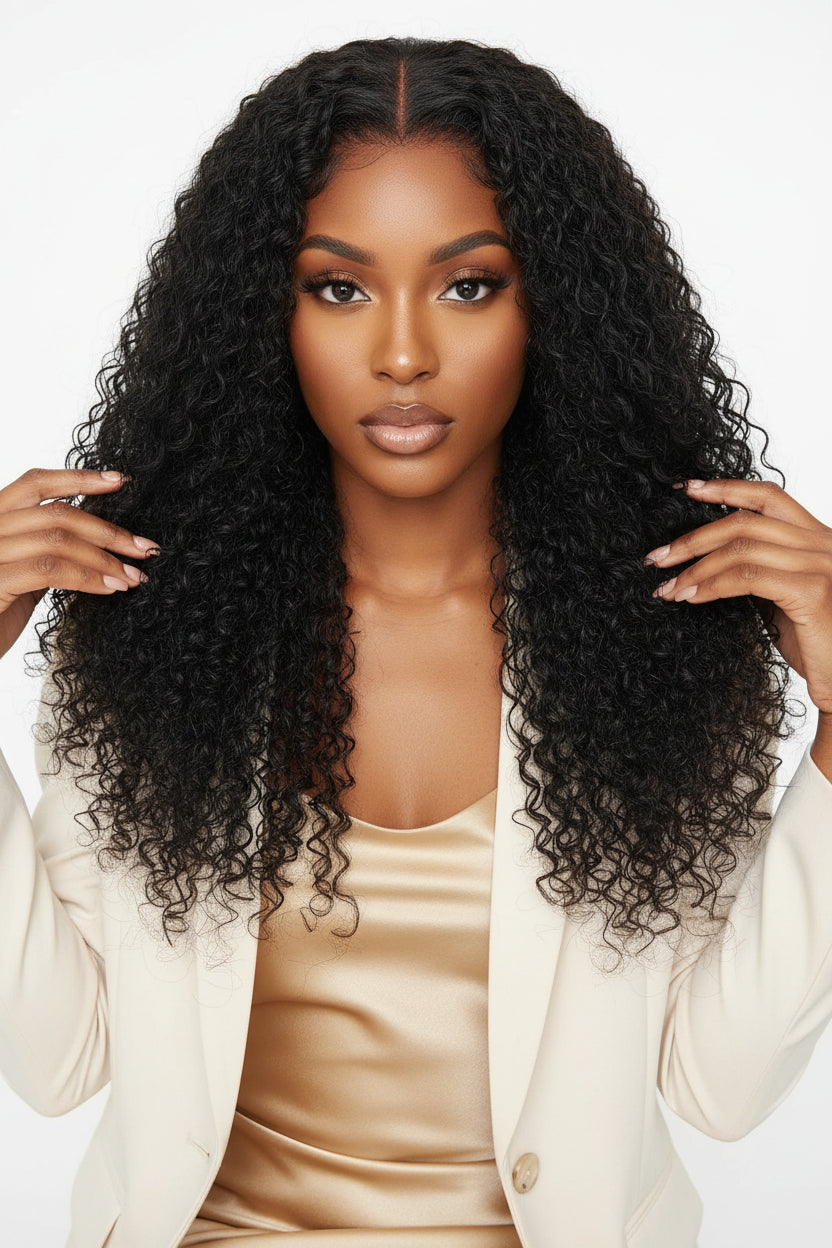 Woman with long, curly black hair holding a pink hairbrush against a light background