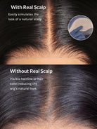 Comparison of wig with real scalp and without real scalp, highlighting the natural look achieved.