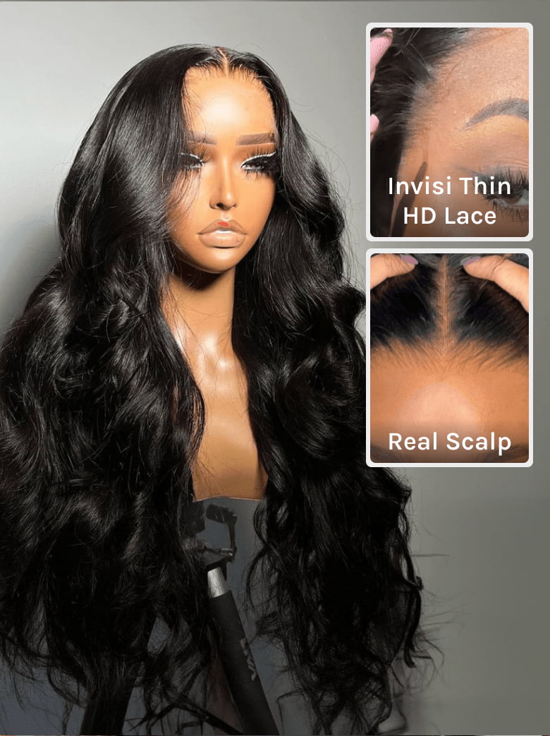 Black wig with close-up insets showing 'Invisi Thin HD Lace' and 'Real Scalp' details.
