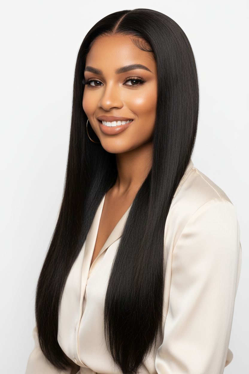 Woman with long straight black hair wearing a pink top against a light gray background